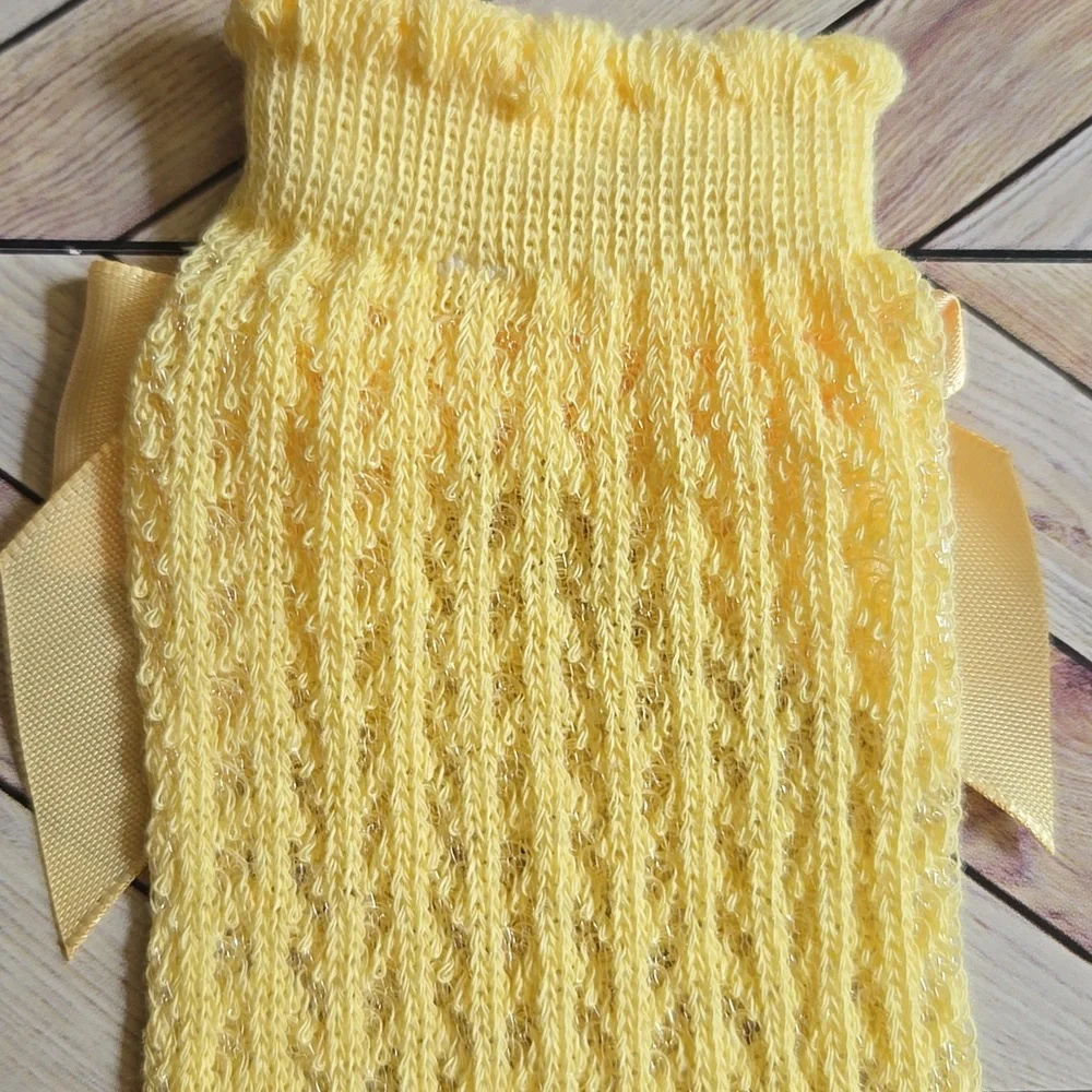 Baby Girl Knee High Yellow Socks With Large Satin Bow Pointelle Knit Ruffle Sock